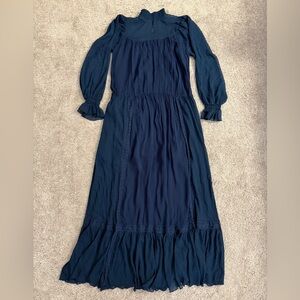 Zara Maxi Dress Women size Small Navy Blue Sheer Flowy Aline Skirt Long Sleeve